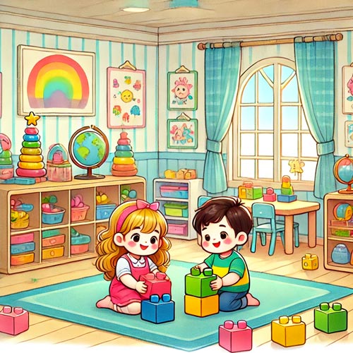 Inserimento scuola infanzia Pero Milano: illustrazione cartoon di bambini che giocano all'asilo